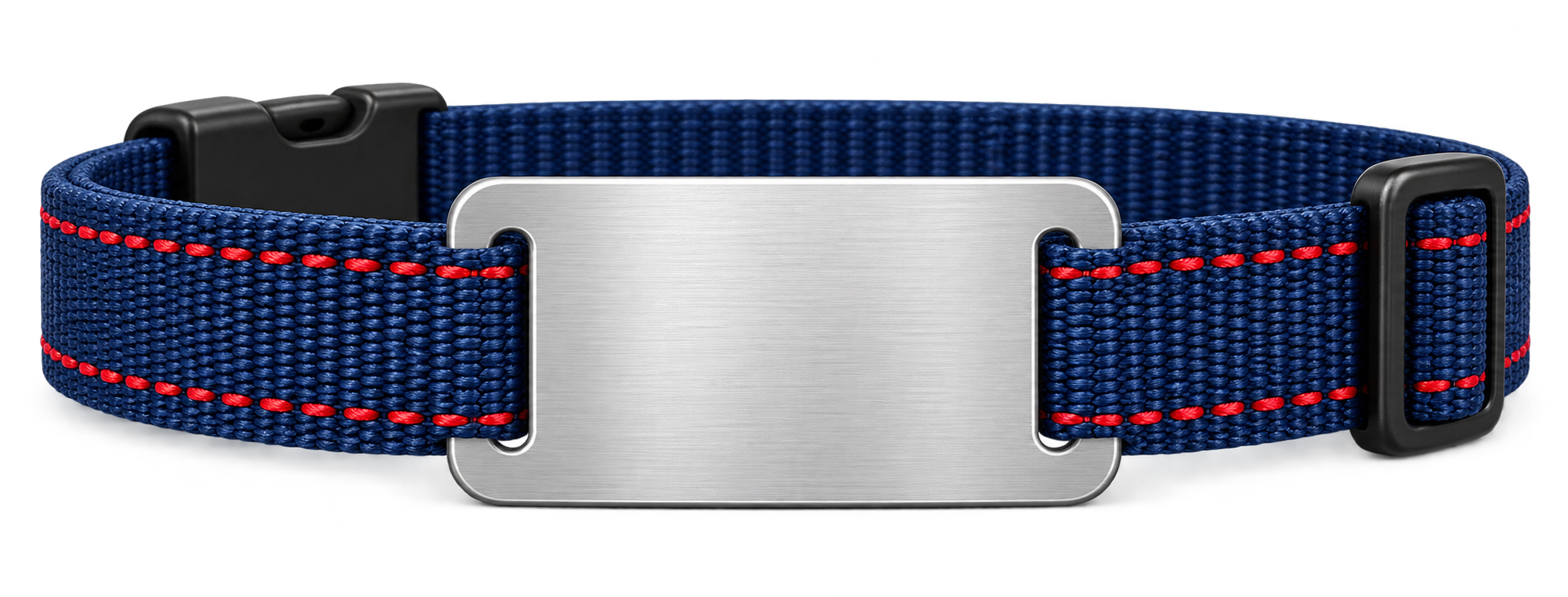 Collar azul con placa metálica tipo pasador PET SOS PUQ
