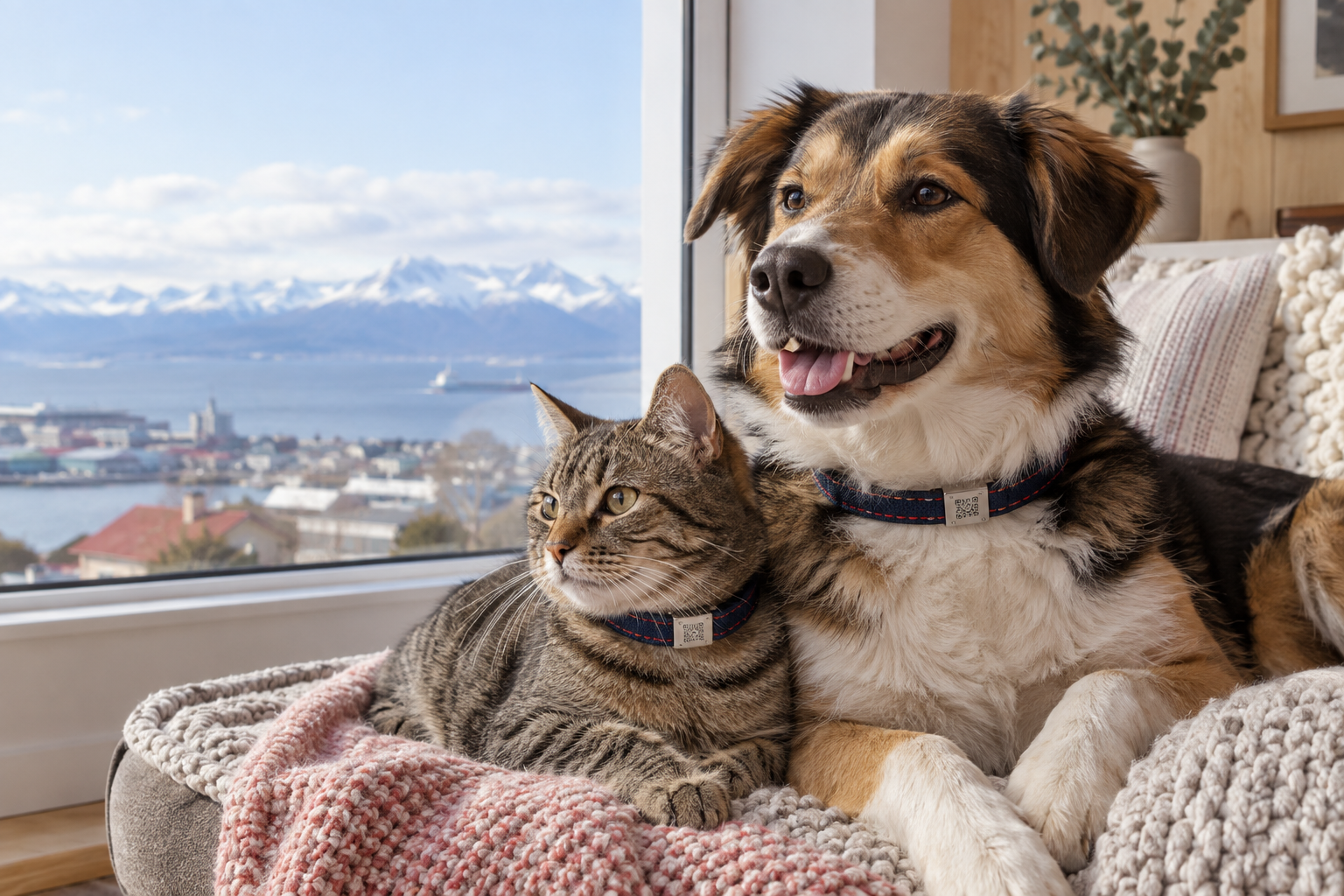 Perro y gato usando collares con placas QR tipo pasador en Punta Arenas